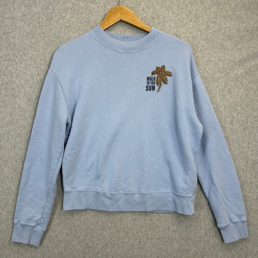 Sandro Paris Walk To The Sun Beaded Palm Tree Sweatshirt Light Blue Size 1 / S